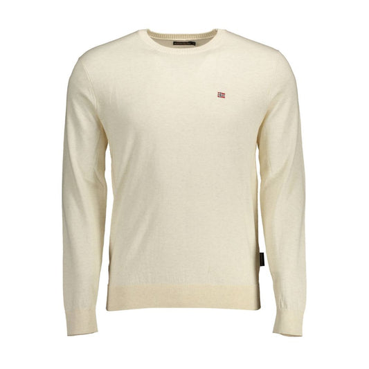 Napapijri Beige Cotton Men Sweater with crew neck and logo embroidery, perfect for casual luxury and high-end fashion.