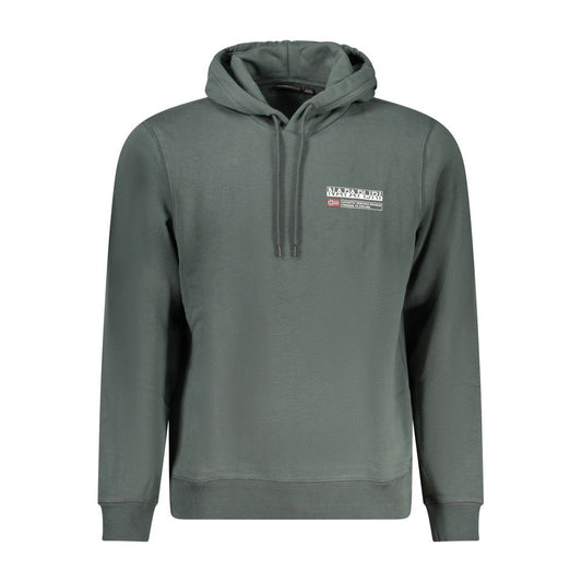 Napapijri Green Cotton Men Sweater, casual luxury hoodie with logo print in deep green, regular fit, blend of cotton and polyester.