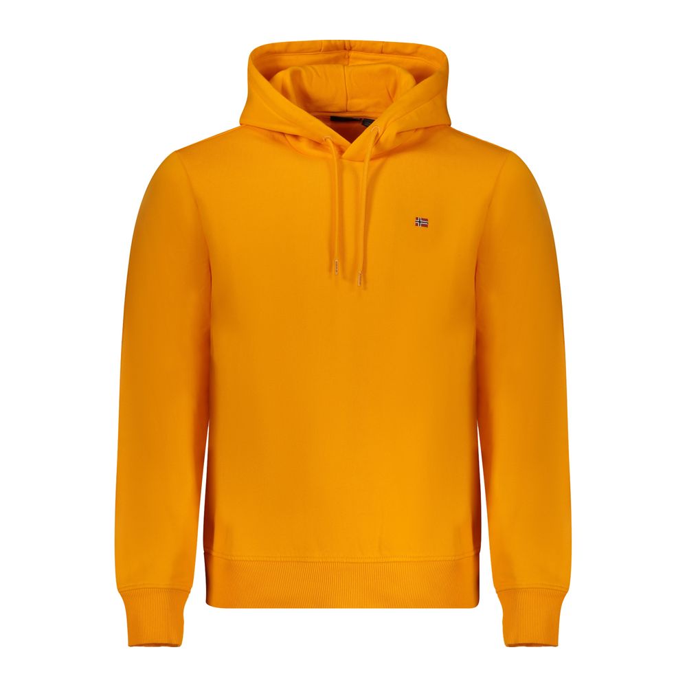 Napapijri Orange Cotton Men Sweater with hood and long sleeves, featuring bold embroidery logo for stylish comfort.