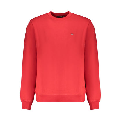 Napapijri Red Organic Cotton Men Sweater with long sleeves and crew neck, featuring iconic logo and embroidery, sustainable fashion choice.