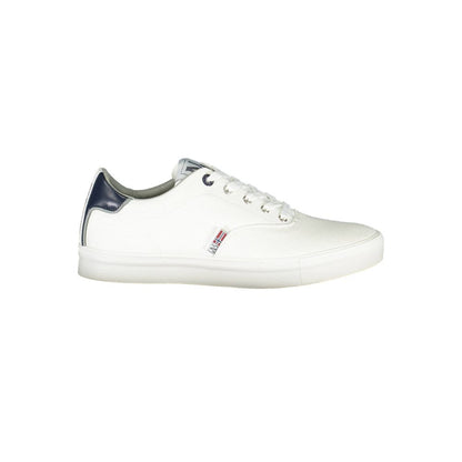 Napapijri White Polyester Men Sneaker with contrasting details and iconic logo displayed, offering style and comfort.