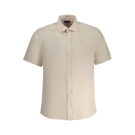 North Sails Beige Linen Shirt with short sleeves, Italian collar, button-up front, and embroidery logo, Ocean Positive design.