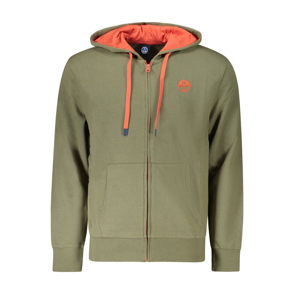 North Sails Green Cotton Men's Hooded Sweater with zip and logo, orange accents, and front pockets.