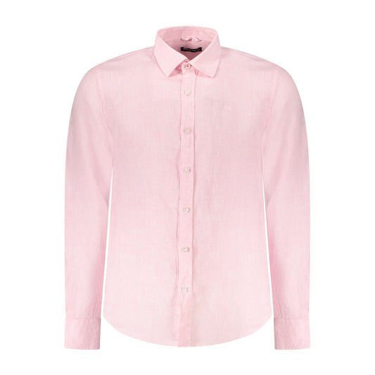 North Sails Pink Linen Shirt with long sleeves and Italian collar, featuring 1 button cuffs and Ocean Positive logo.