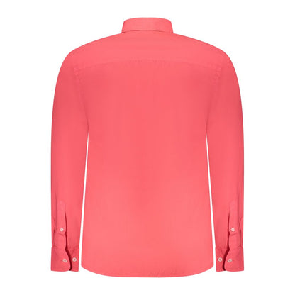 Back view of North Sails Red Cotton Shirt with long sleeves and button cuffs, featuring embroidery and logo, ocean positive design.