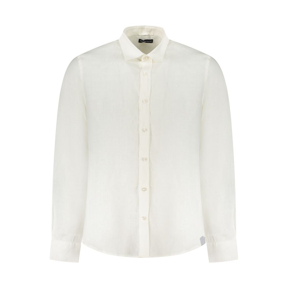 North Sails White Linen Shirt with Italian collar and button cuffs, embroidered logo, ocean positive design