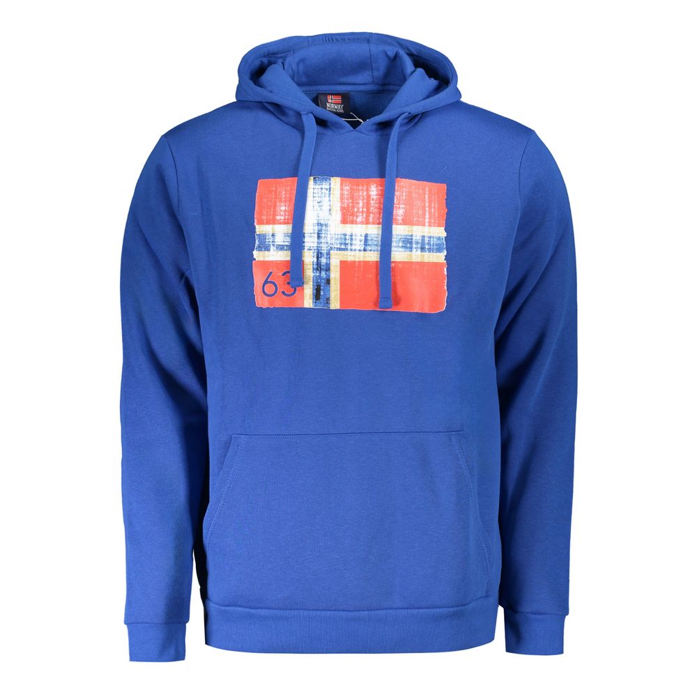 Norway 1963 Blue Cotton Men Sweater with bold print and logo, featuring central pocket, artistic blue shade, and modern comfort.
