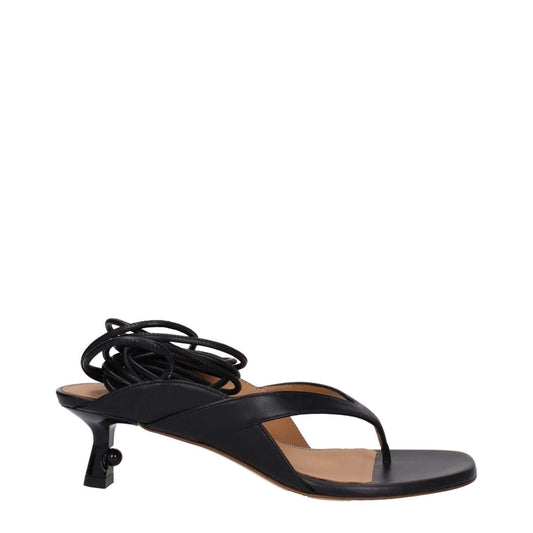 Off-White Black Leather Flip-Flop Sandals with self tie closure and mid heels, featuring an open toe design, side view.