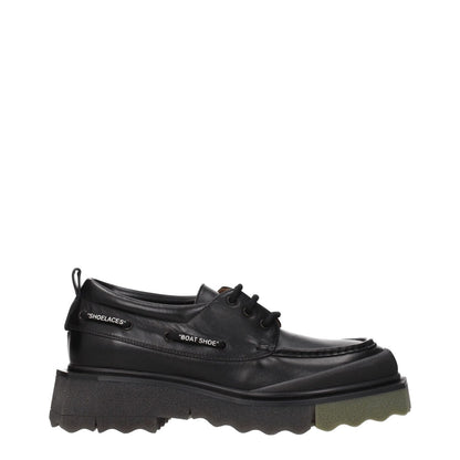Off-White Black Leather Slip-On Loafers with lace up design, vintage effect, and mid heels, featuring round toe and rubber sole.