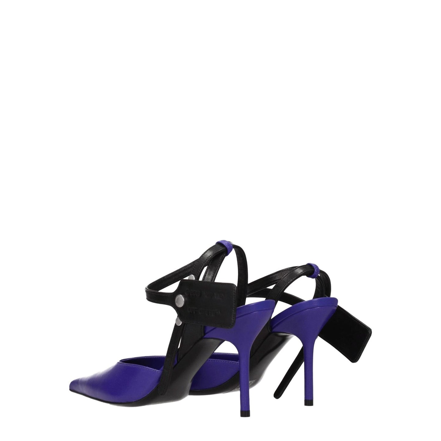 Off-White Purple Leather High Heel Pumps with pointy toe and button closure, featuring a side logo and 9 cm high heel. MPN: OWII007LEA0013510.