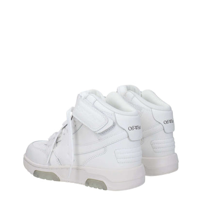 Off-White White Leather High Top Sneakers with strap closure and side logo detail, rubber sole.