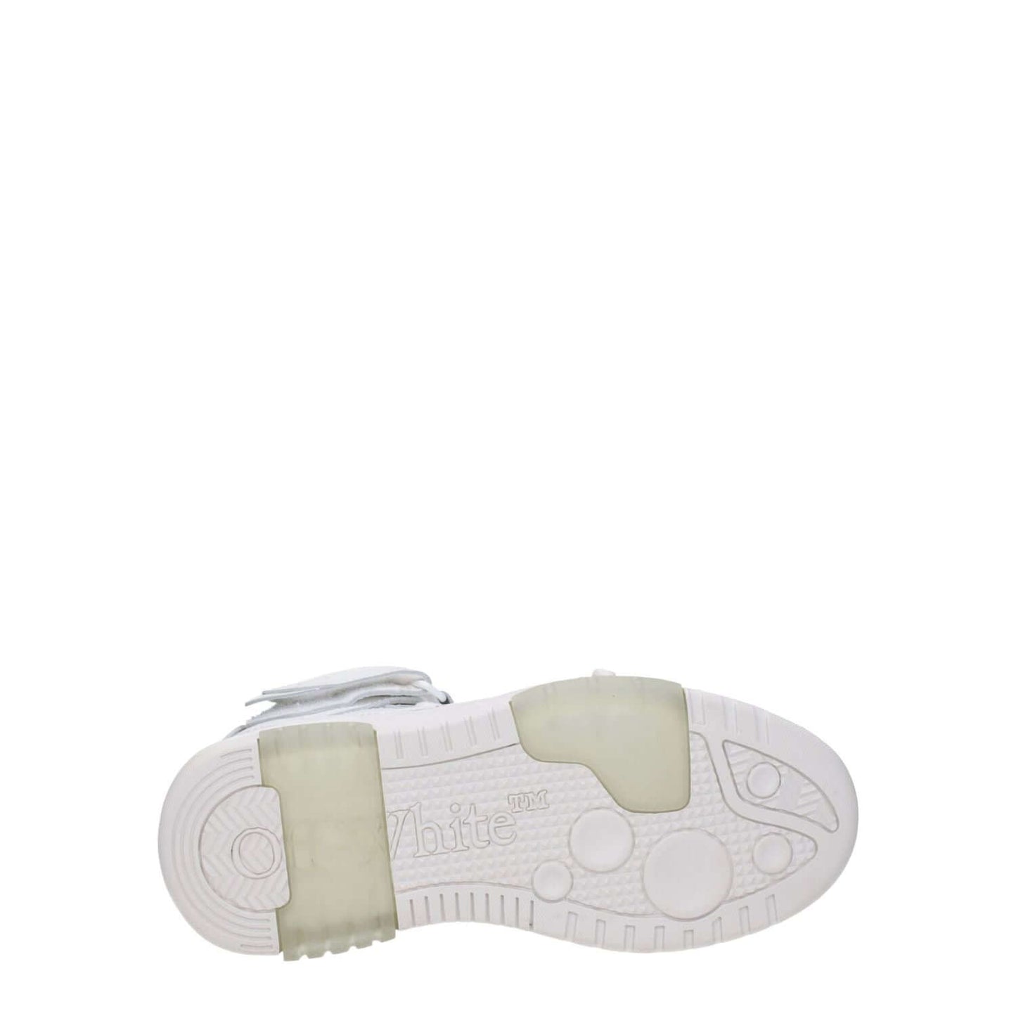 Sole view of Off-White White Leather High Top Sneakers featuring rubber sole and logo.