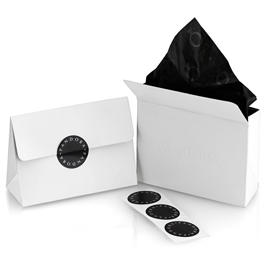 Official packaging for PANDORA JEWELRY Mod. 368821C01-50 with white box and branded stickers, showcasing premium presentation for Lady's silver jewel.