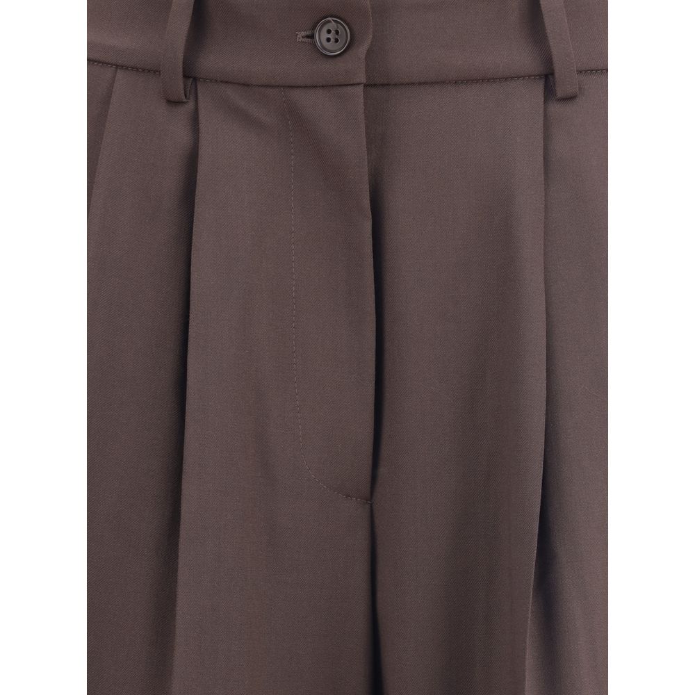 Close-up of P.A.R.O.S.H. Brown Fleece Wool Dress Pants with button closure and belt loops, showcasing tailored design.