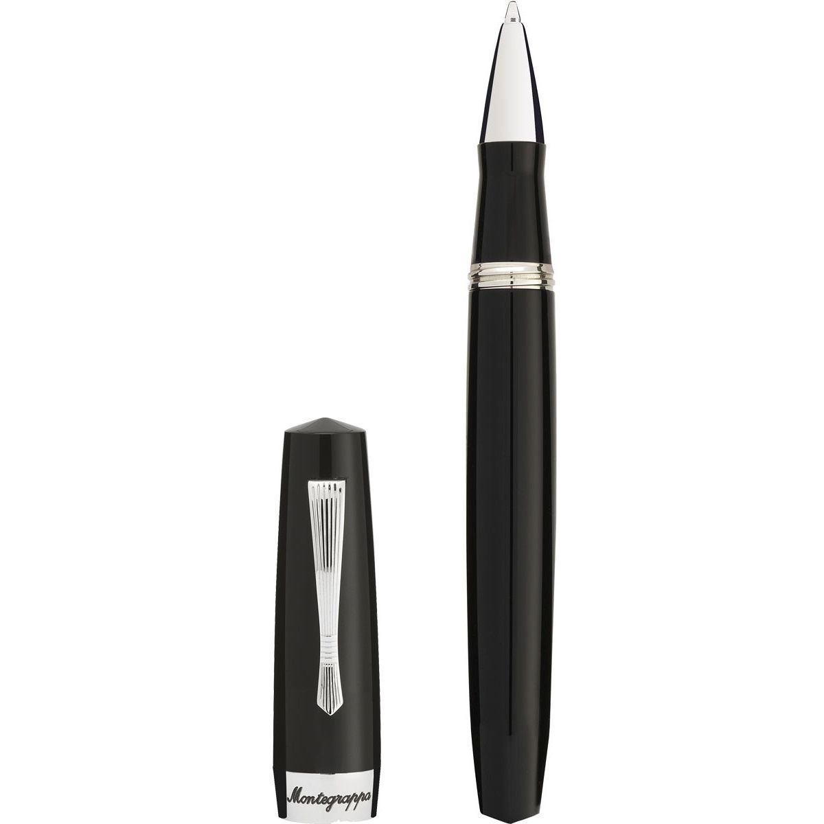 Black luxury fountain pen, model PENNE MONTEGRAPPA MOD. ISE2RRAC, with sleek design and silver accents.
