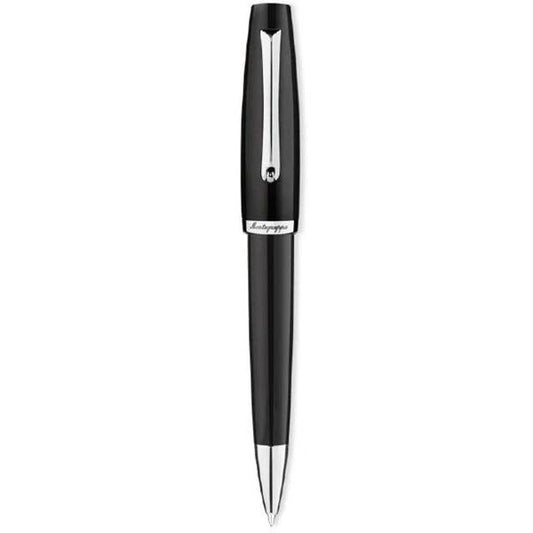 Luxury black pen with silver accents, PENNE MONTEGRAPPA MOD. ISMANBIC, against a white background, highlighting sleek design.