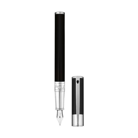 PENNE S-T- DUPONT MOD. 260203 luxury fountain pen with black barrel and silver trim, cap and nib shown in detail.