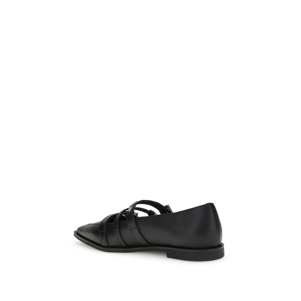 PINKO Black Calf Leather Bos Taurus Ballet Flats with studded design and three-buckle closure, view of side and heel.