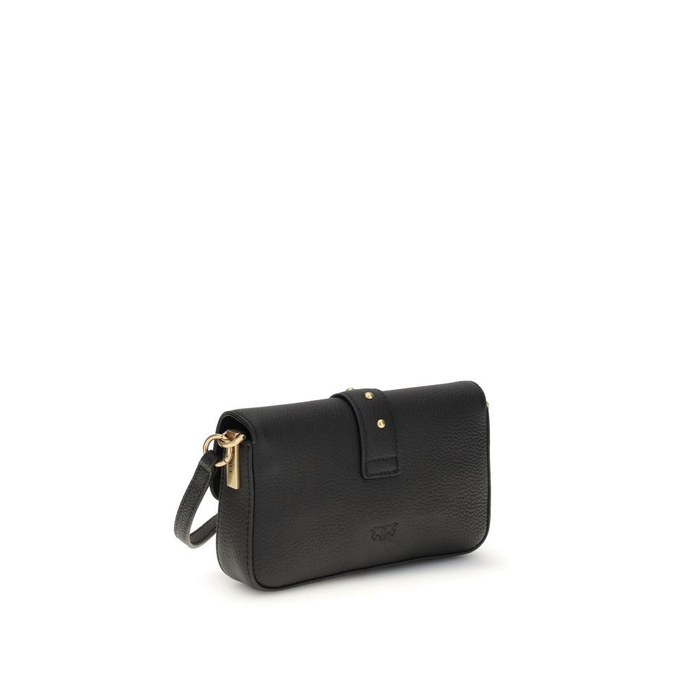 PINKO Love One Bag in black calf leather with flap closure, leather-and-chain strap, and gold-tone accents, AW25 collection.