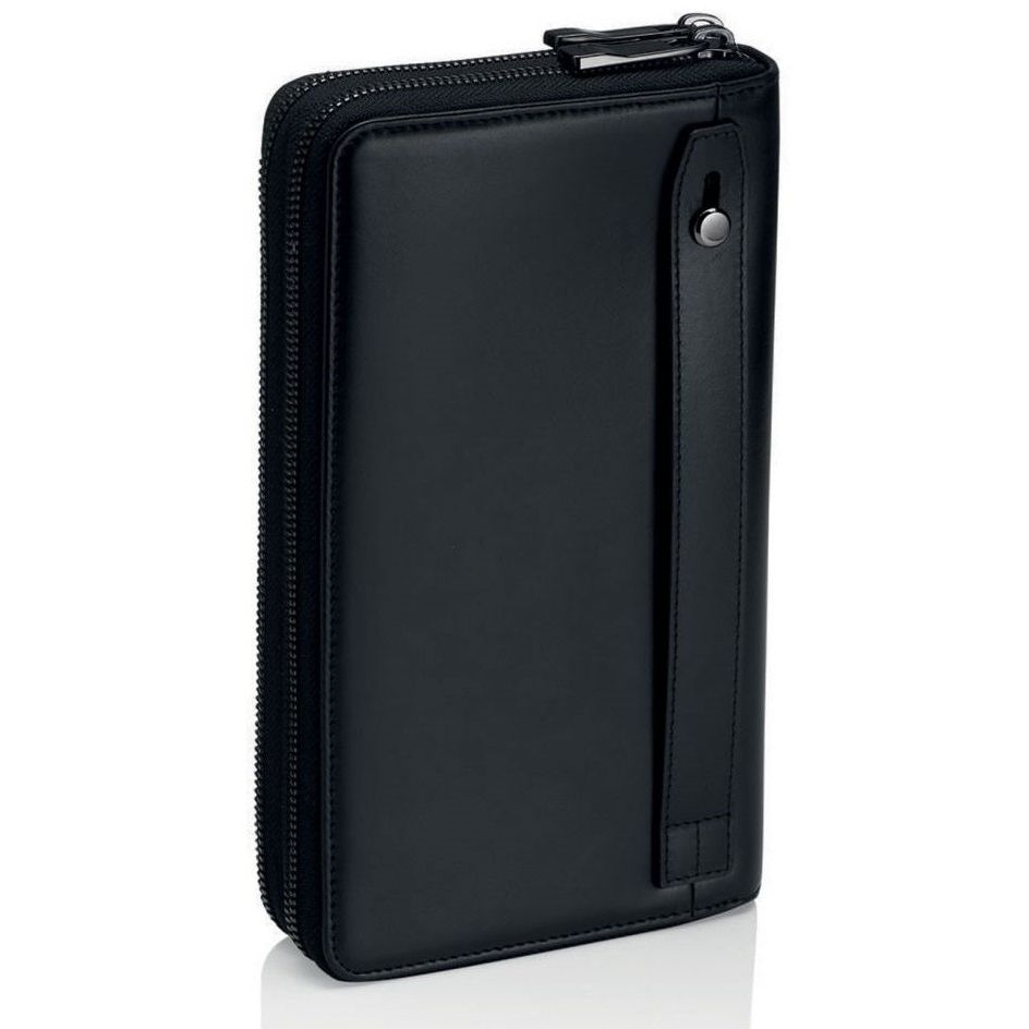 Porsche Pelletteria Mod. OBE09916-001 black leather zippered wallet standing upright on white background