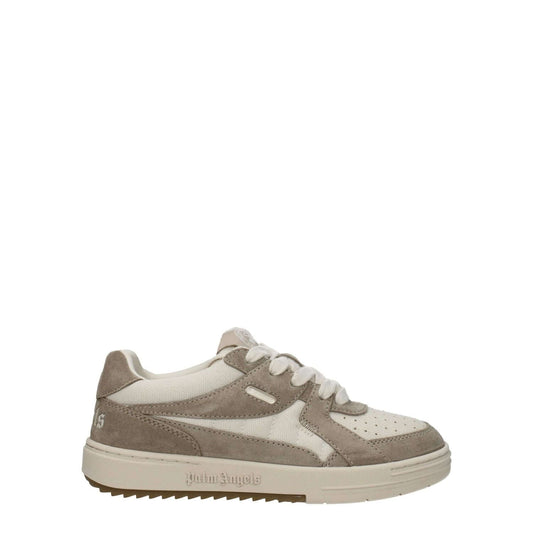 Palm Angels Beige Fabric Low Top Sneakers with logos, suede material, and rubber sole.