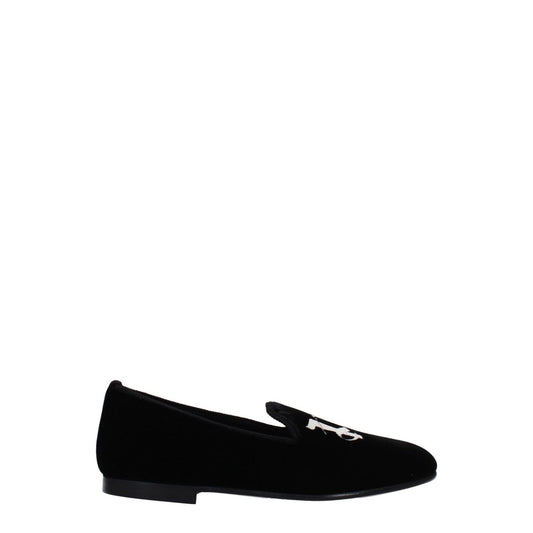 Palm Angels Black Velvet Slip-On Loafers with round toe and leather sole, featuring front logo and low flat heel, casual style.