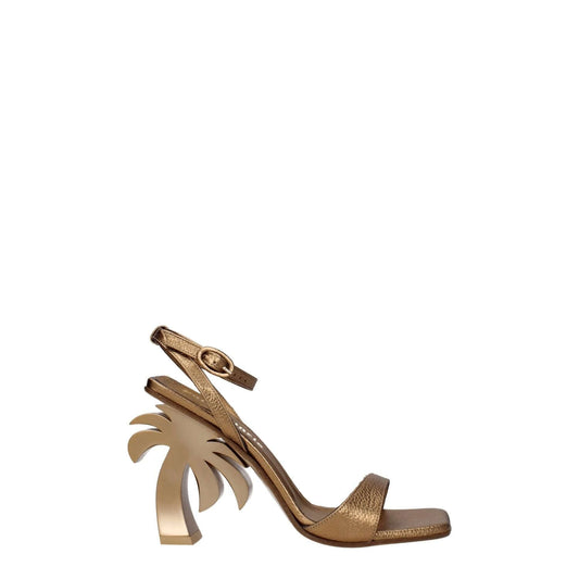 Palm Angels Gold Leather Platform Sandals with palm tree heel detail, open toe, buckle closure, and high heel design.