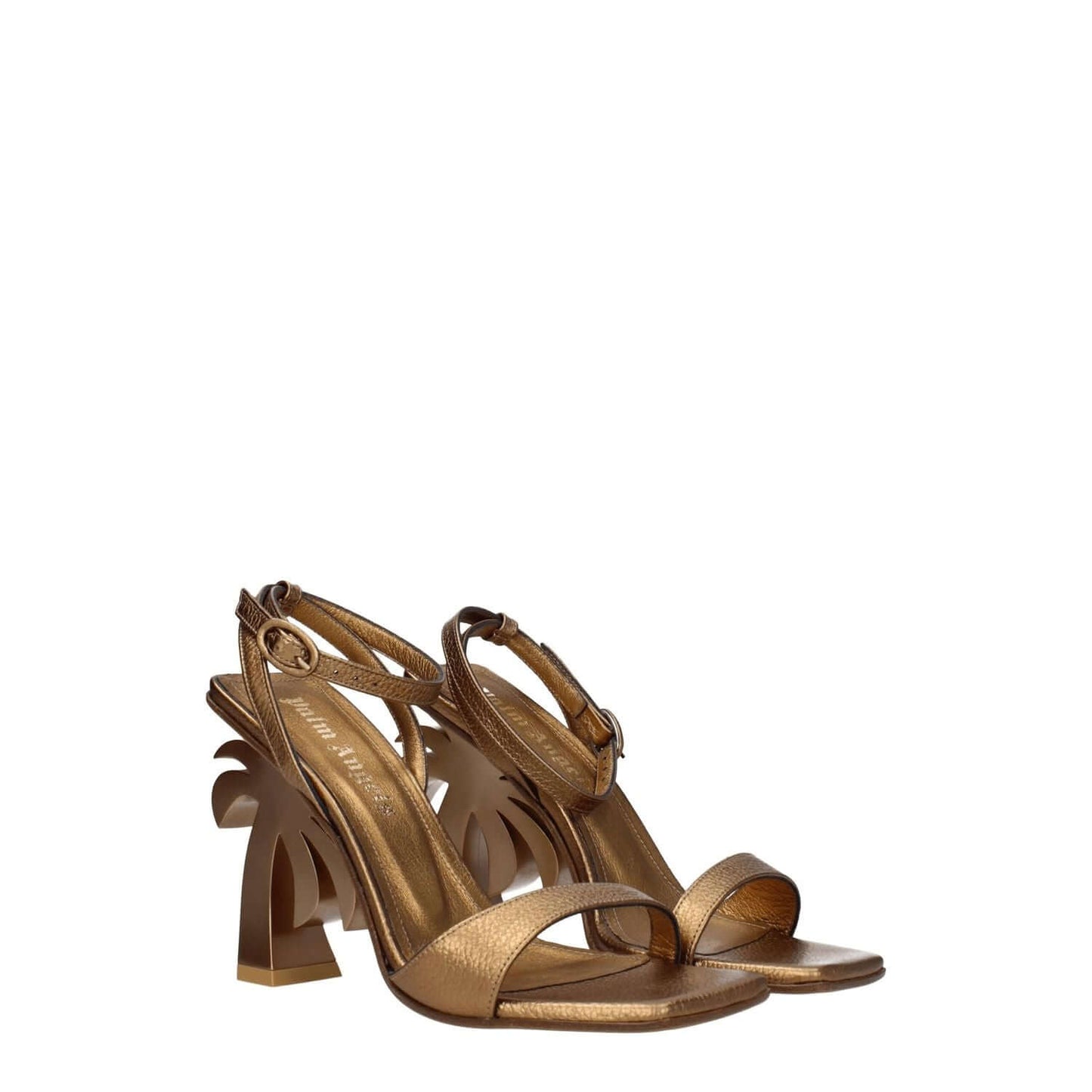 Palm Angels Gold Leather Platform Sandals with buckle closure and high heel, featuring an open toe and unique palm-shaped heel detail.