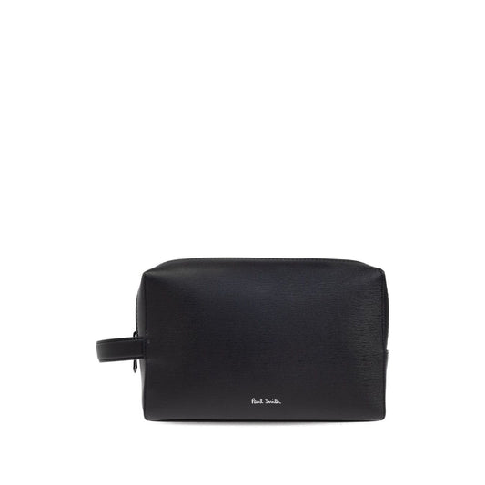 Paul Smith Leather washbag with black zip closure, internal pocket, branded logo, carry handle, 23.5cm width, 14.5cm depth.