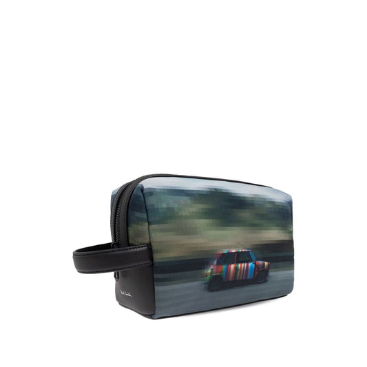Paul Smith Recycled Polyester 'Pixelated Mini' Washbag with vibrant car graphic, leather top handle, and spacious interior.