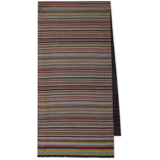 Paul Smith Signature Stripe wool and silk scarf in dark red with frayed edges, featuring a wraparound style and multicolored stripes.