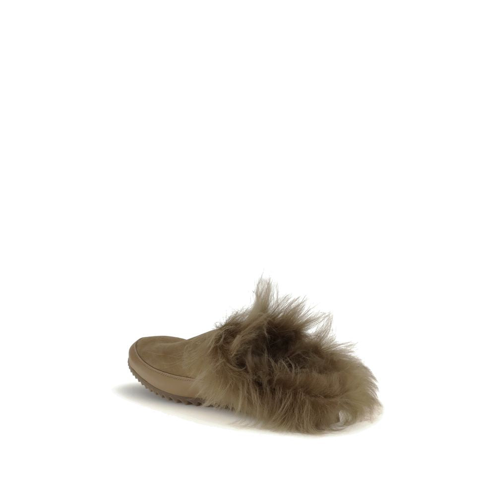 Pedro García Beige Rubber Mules with soft long pile, knurled sole, round toe, perfect for casual looks. AW25 fashion, 100% leather upper.