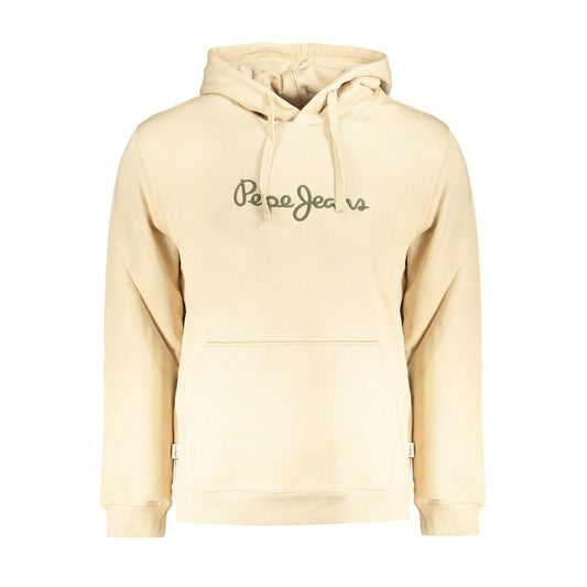 Pepe Jeans Beige Cotton Men Sweater, organic hoodie with logo embroidery, cozy long sleeve urban style fashion.
