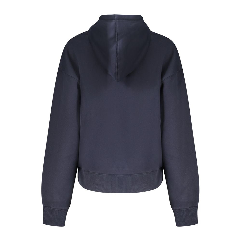 Back view of Pepe Jeans Blue Cotton Women Sweater with hoodie, organic cotton, bold print and logo.