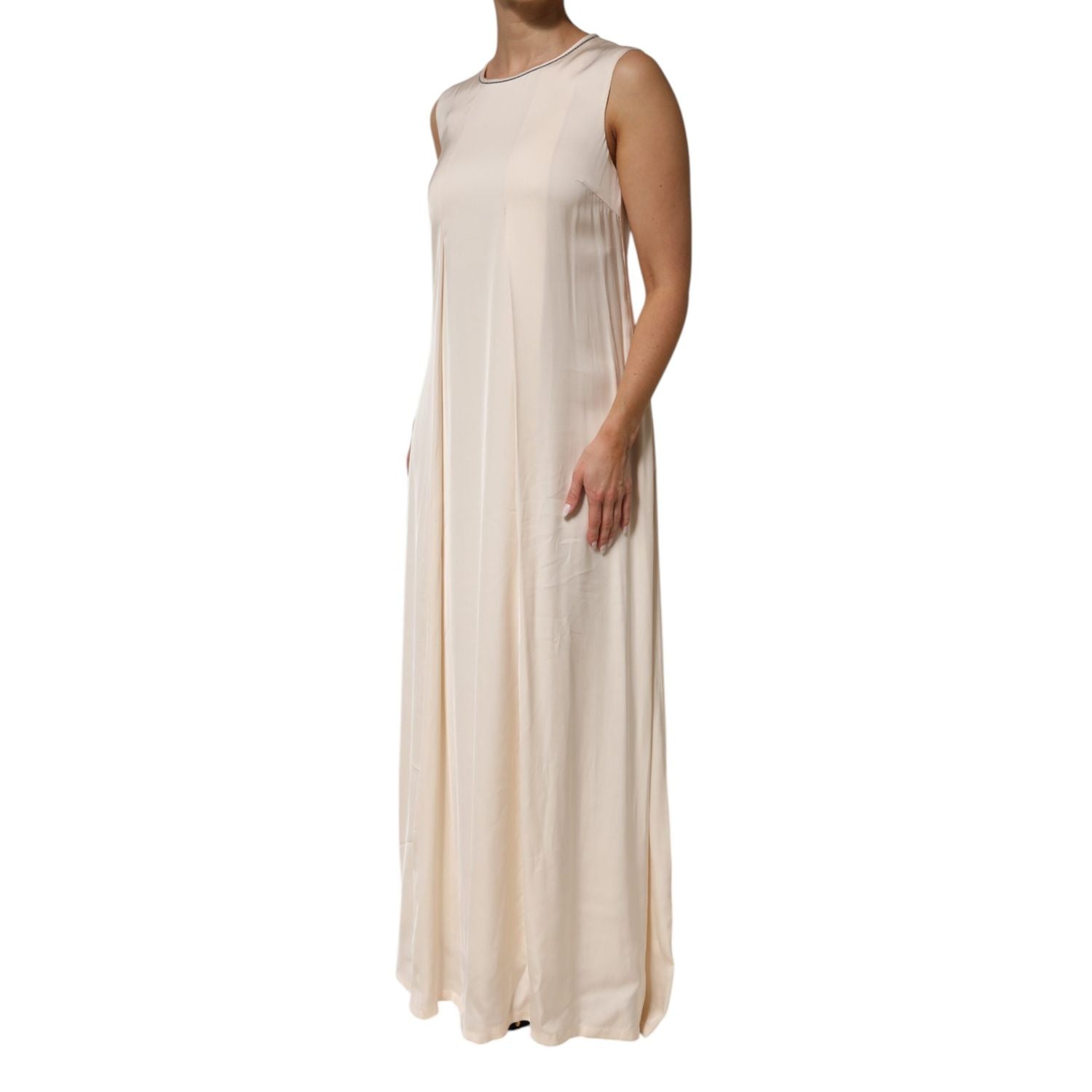 Peserico Beige Viscose Pleated Sleeveless Long Maxi Dress