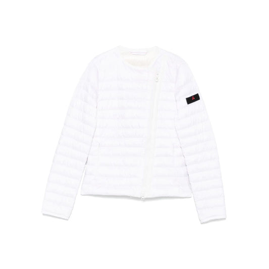 Peuterey Coats White nylon down jacket with two-way zip and crew neck, featuring side pockets and logo patch at the sleeve.