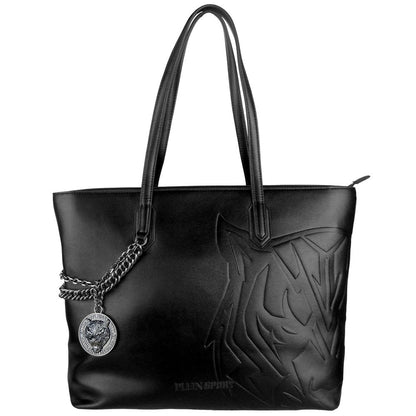 Plein Sport Black Polyethylene Women Shoulder Bag with decorative chain and medallion, showcasing sporty elegance and durability.