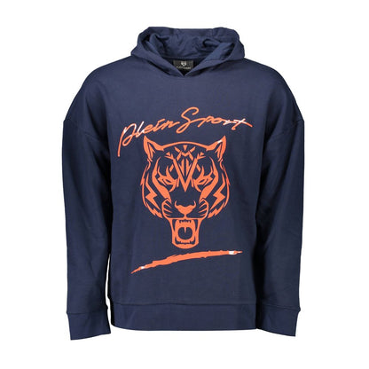 Plein Sport Blue Cotton Men Sweater with tiger graphic and bold style details, made from cotton and polyester for comfort and durability.