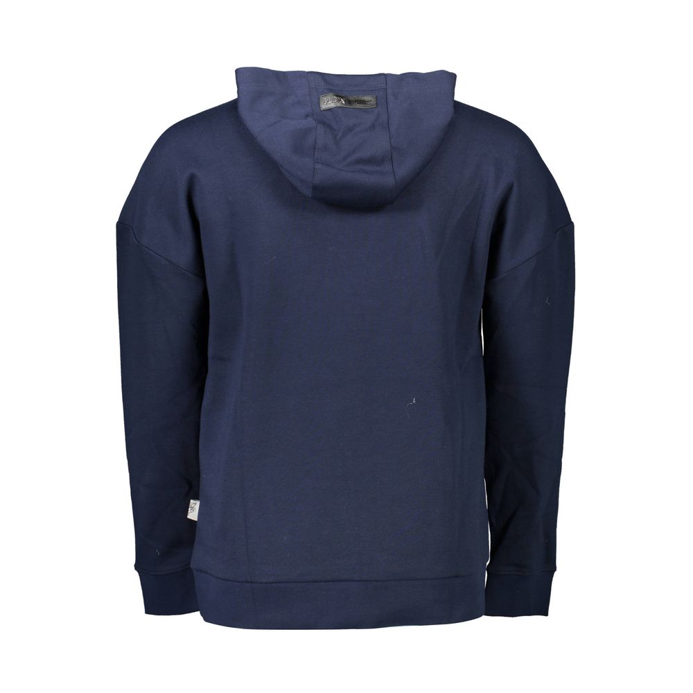 Back view of Plein Sport Blue Cotton Men Sweater showcasing hood and durable fabric blend