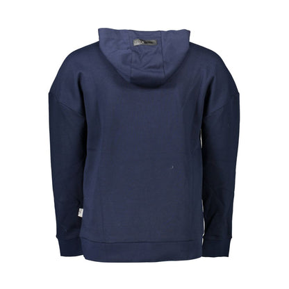 Back view of Plein Sport Blue Cotton Men Sweater showcasing hood and durable fabric blend