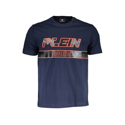 Plein Sport Blue Cotton Men T-Shirt with crew neck and bold logo print, perfect for sporty casual wear and luxury style.