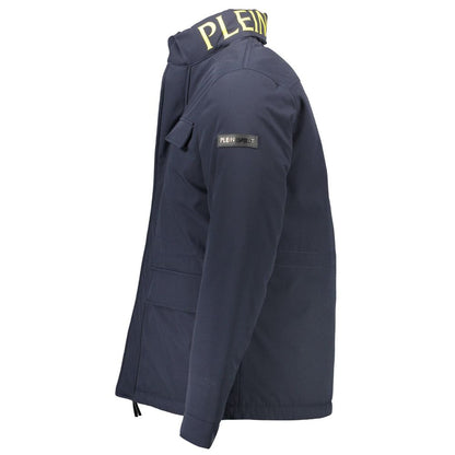 Plein Sport Blue Polyester Men's Jacket with concealed hood and external pockets, showcasing premium design and functionality.