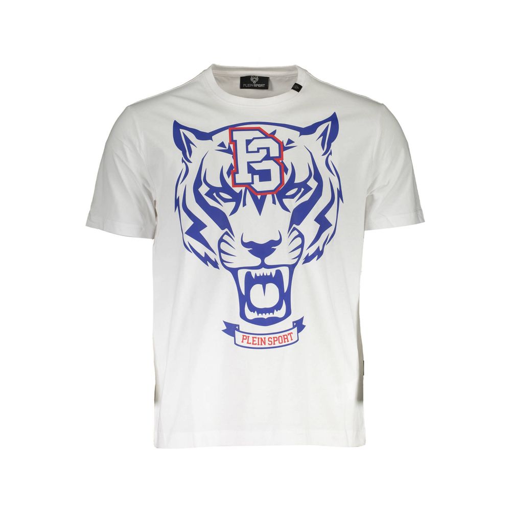 Plein Sport White Cotton Mens TShirt with bold tiger print and logo on front, short sleeves, stylish design for men.