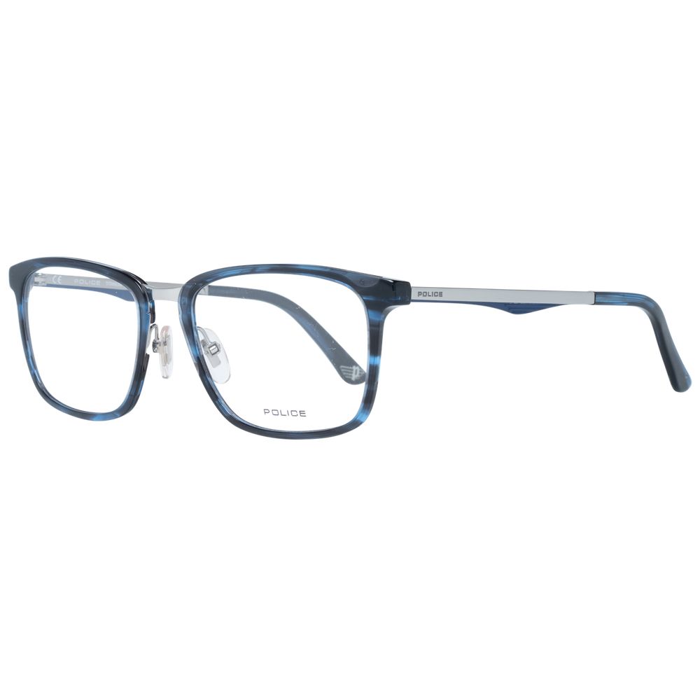 Police Blue Plastic Glasses (Frames) with full-rim rectangle style, blue color, men's, frame width 135mm, spring hinge absent.