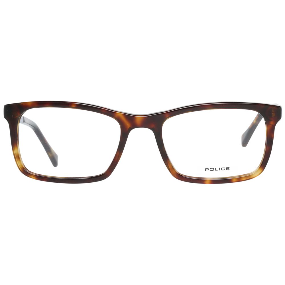 Police Brown Plastic Glasses (Frames), full-rim, rectangle style, men's eyewear with demo lenses, frame size 52-19-145, includes case.