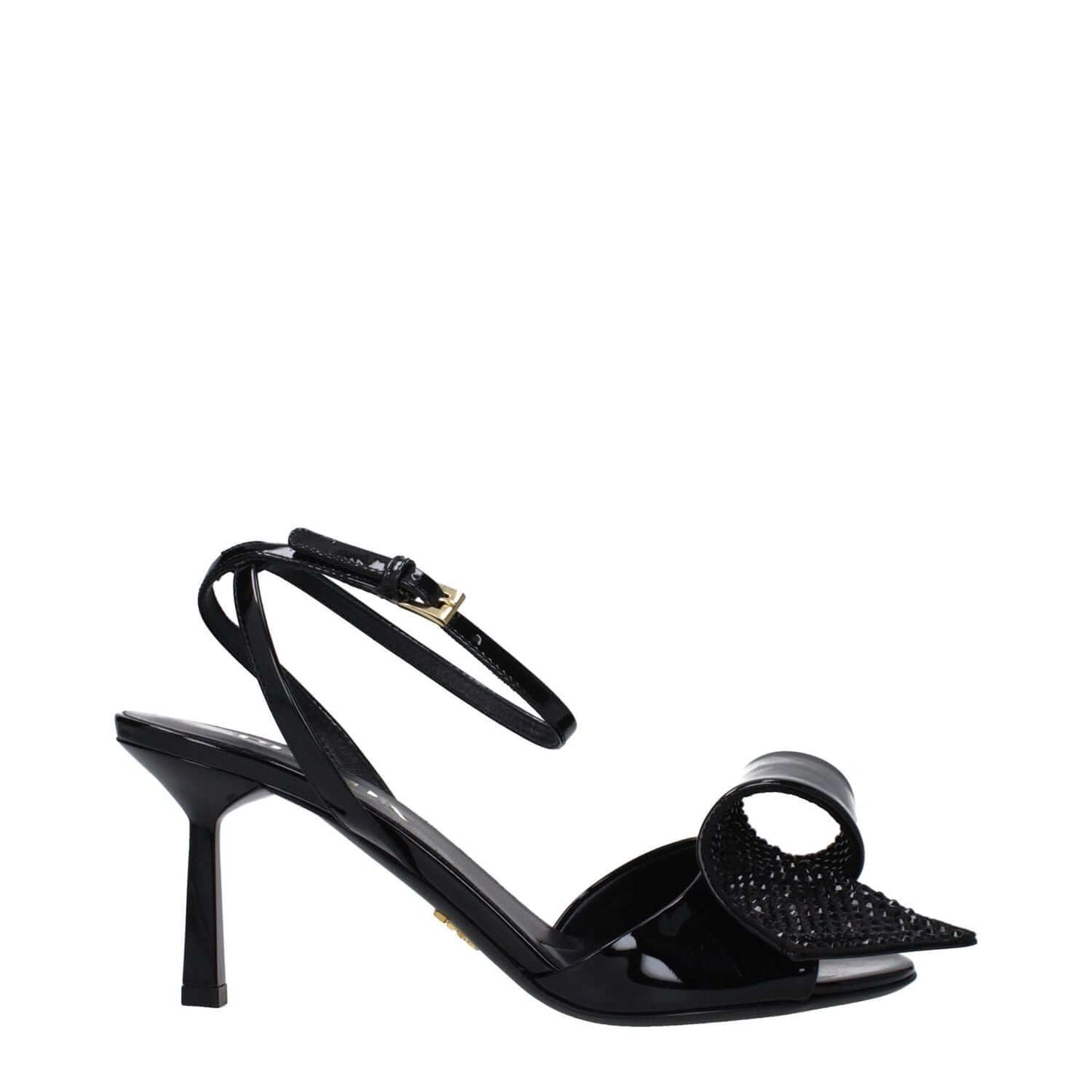Prada Black Leather Stiletto Heel Sandals with open toe, buckle closure, and side detail, featuring a mid heel height of 7.5 cm.