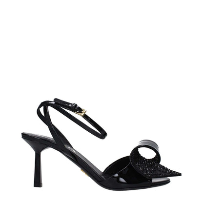 Prada Black Leather Stiletto Heel Sandals with open toe, buckle closure, and side detail, featuring a mid heel height of 7.5 cm.