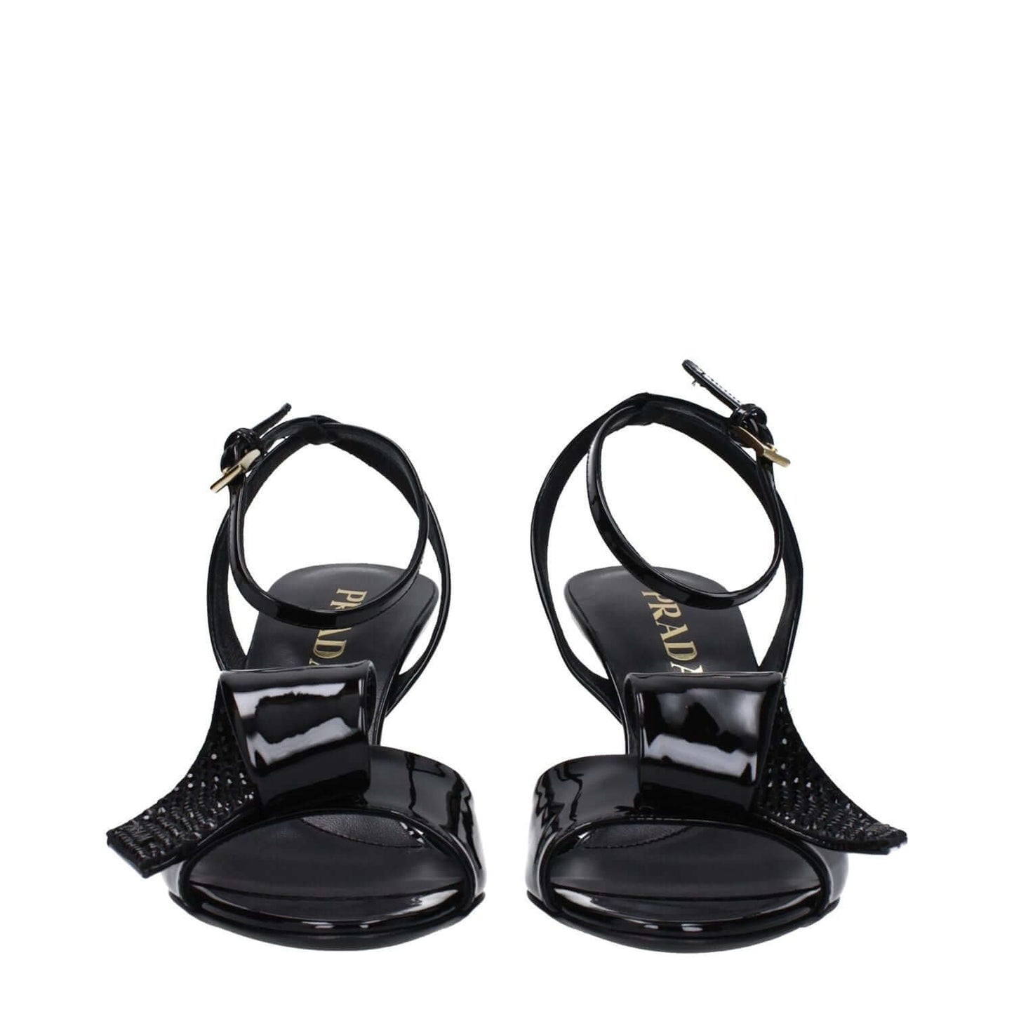 Prada Black Leather Stiletto Heel Sandals with open toe and buckle closure, patent leather, mid heels, and side detail design.