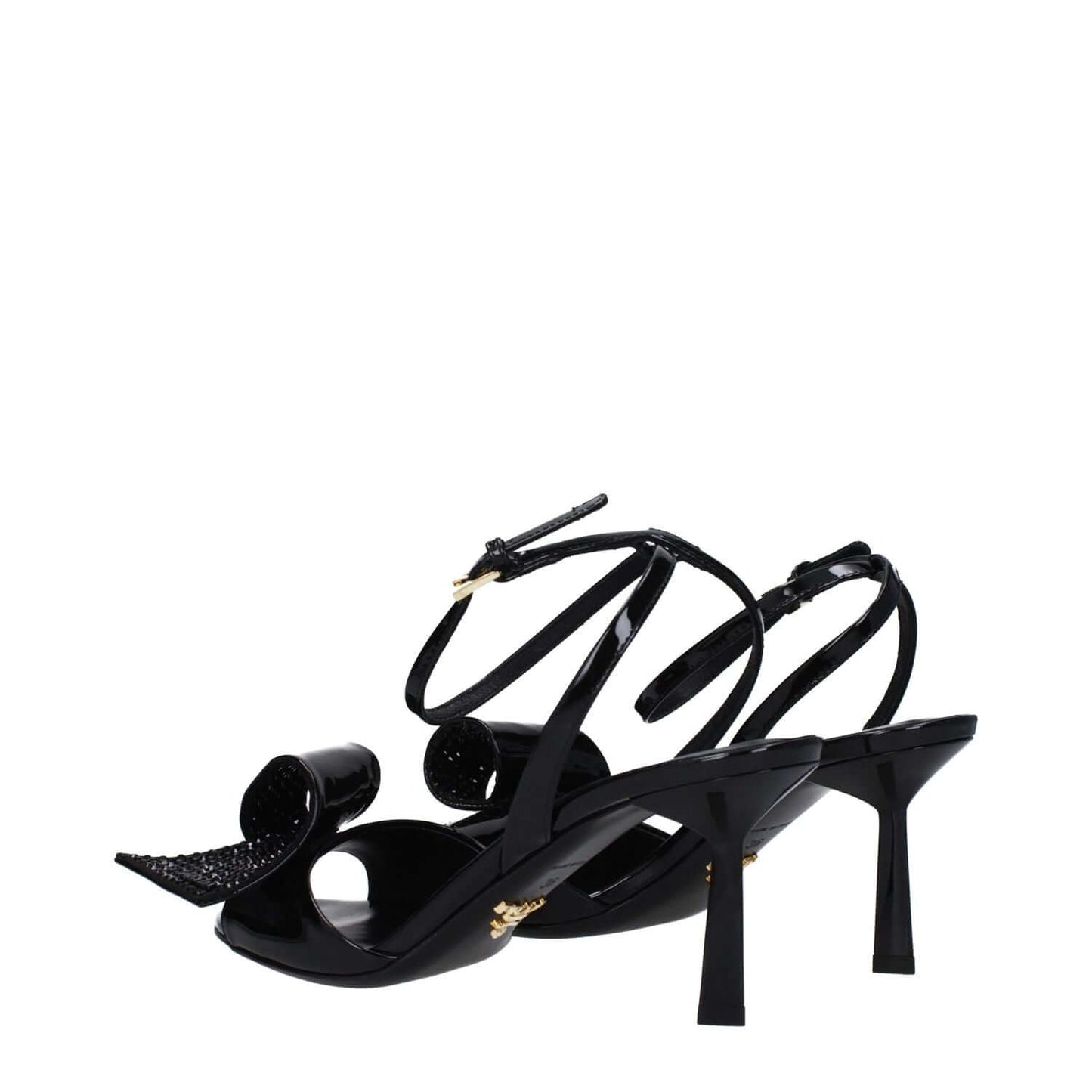 Prada Black Leather Stiletto Heel Sandals with buckle closure and open toe, featuring a mid heel and side detail.