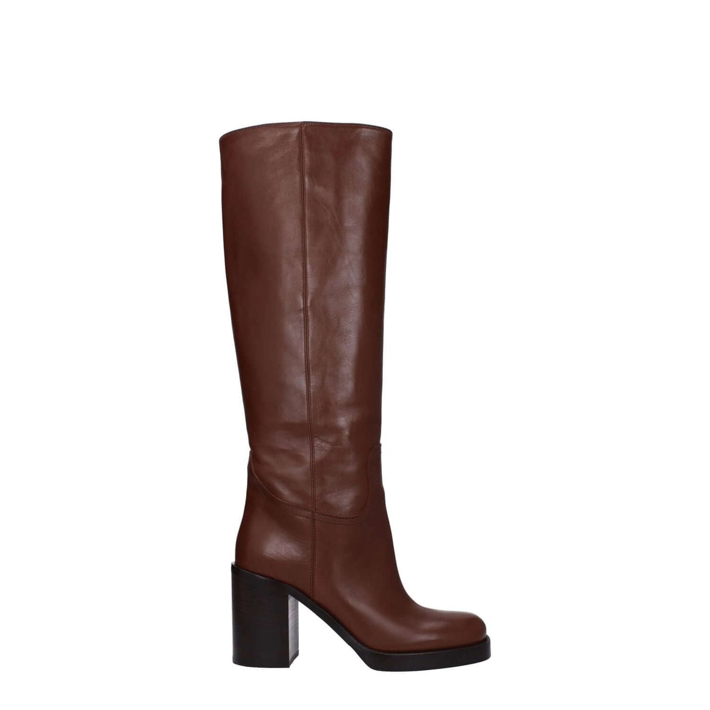 Prada Brown Leather High Heel Boots with round toe, 9 cm heel, cognac accents, stylish leather design, MPN 1W281N070090F0046.